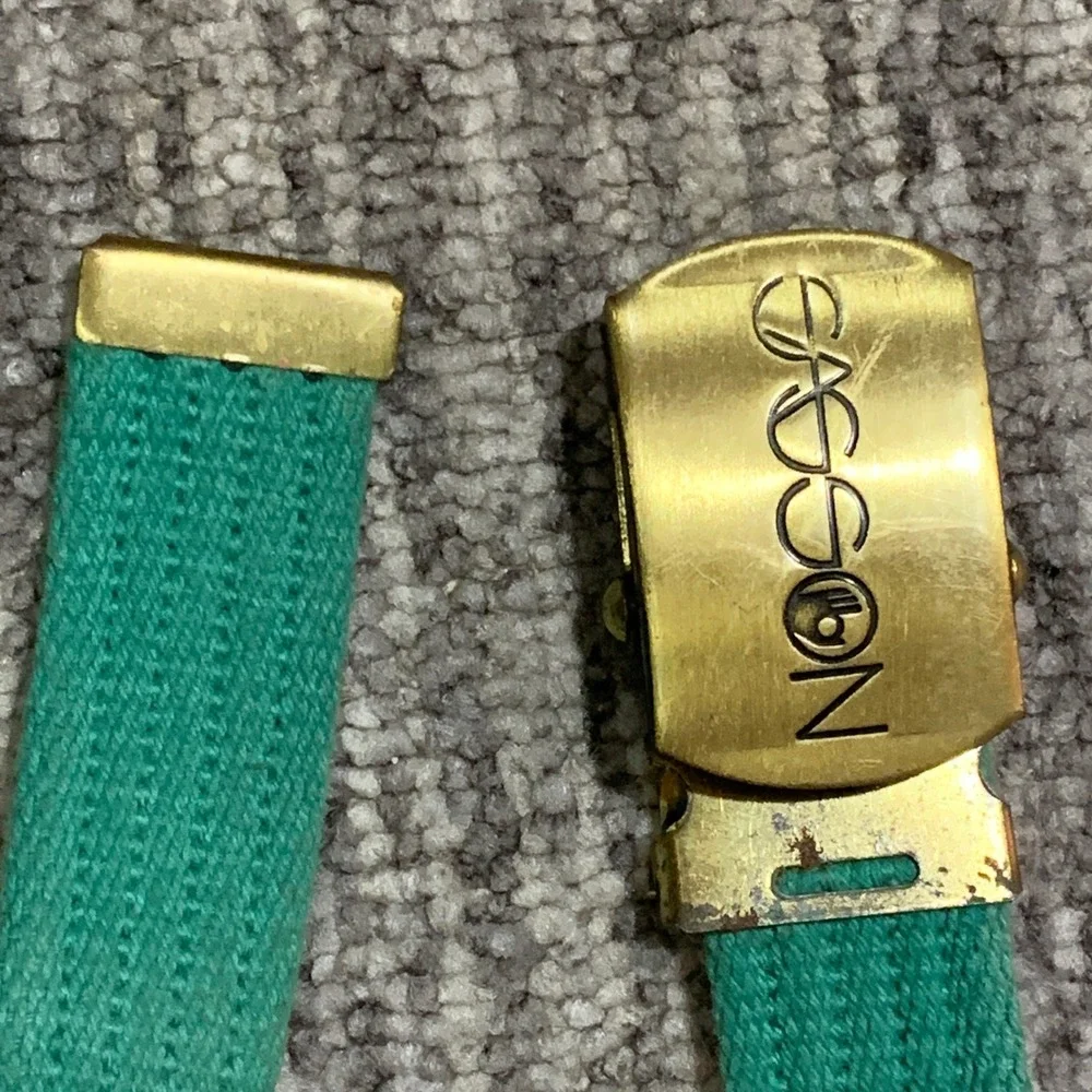 VTG 80s Sasson Green Belt Logo Canvas‎ Gold Buckle Casual Adjustable Womens 36